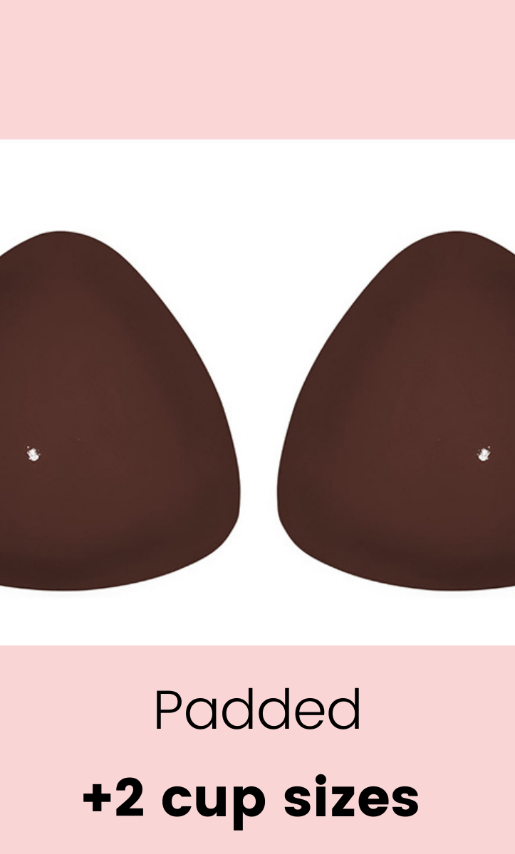 Brown padded bra cups on a pink and white background with text indicating additional cup sizes.