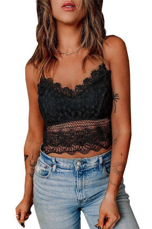 A woman wearing a black V-Neck tank top bralette with floral lace mesh crop camisole.