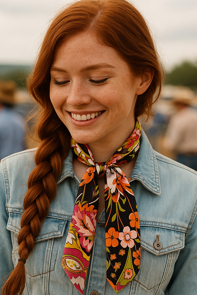 Woman with braided hair wearing a floral scarf and denim jacket in an outdoor setting.