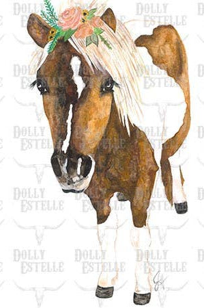 Horse with floral headband on a white tea towel.