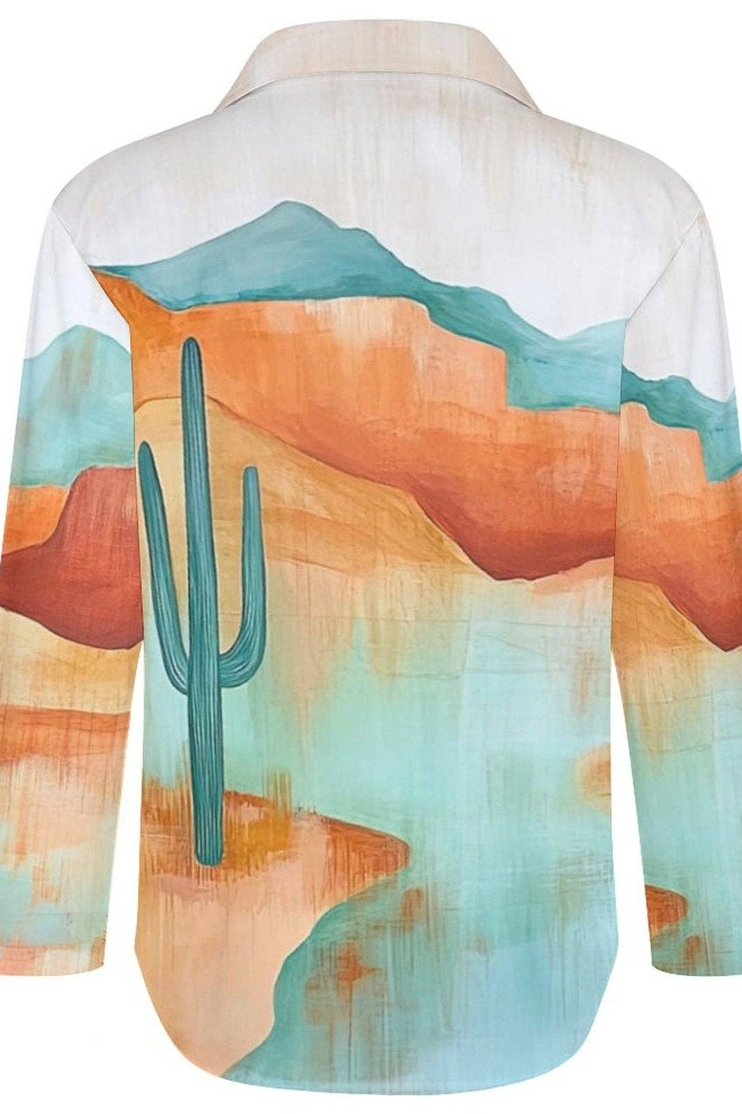 Colorful shirt with desert landscape design featuring a cactus on a white background