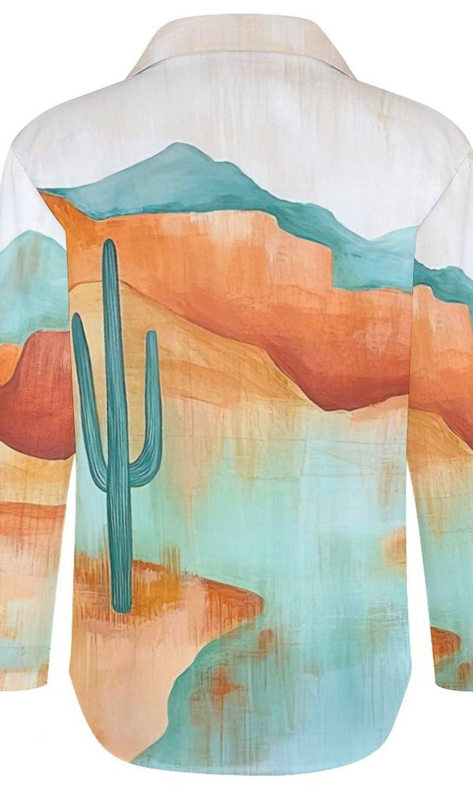 Colorful shirt with desert landscape design featuring a cactus on a white background