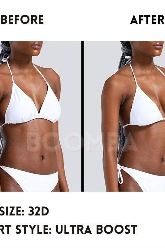Before and after comparison of a person wearing a white bikini with text indicating bra size and insert style.