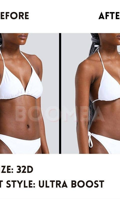 Before and after comparison of a person wearing a white bikini with text indicating bra size and insert style.