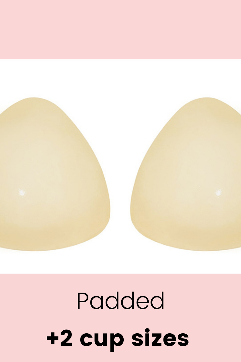 Beige padded bra cups on a pink background with text indicating additional cup sizes.