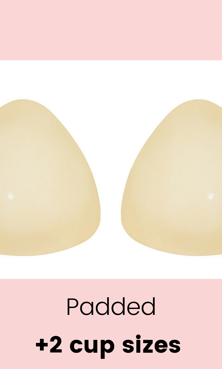 Beige padded bra cups on a pink background with text indicating additional cup sizes.