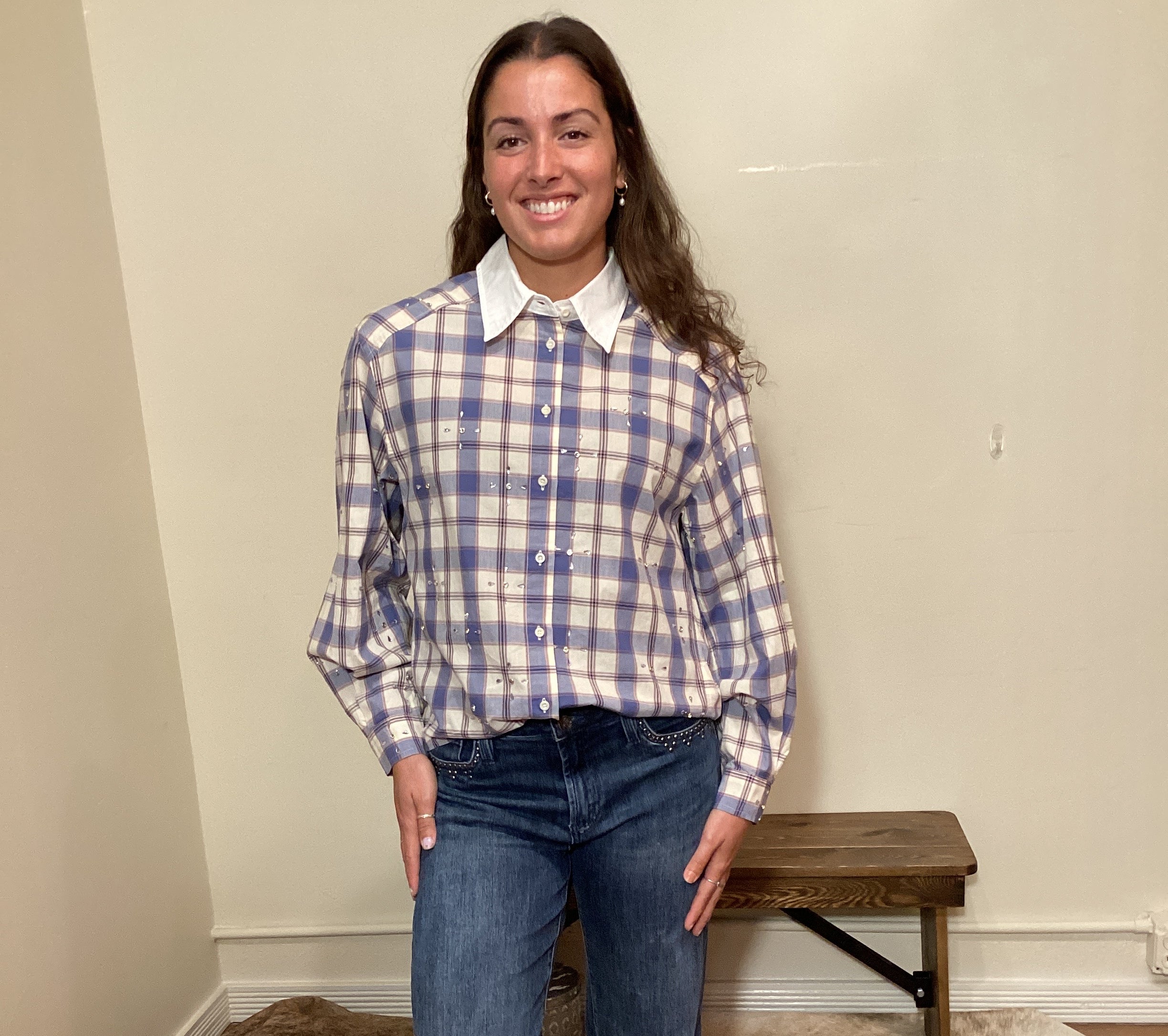 Blue and white plaid button up shirt with a white color and crystals on it