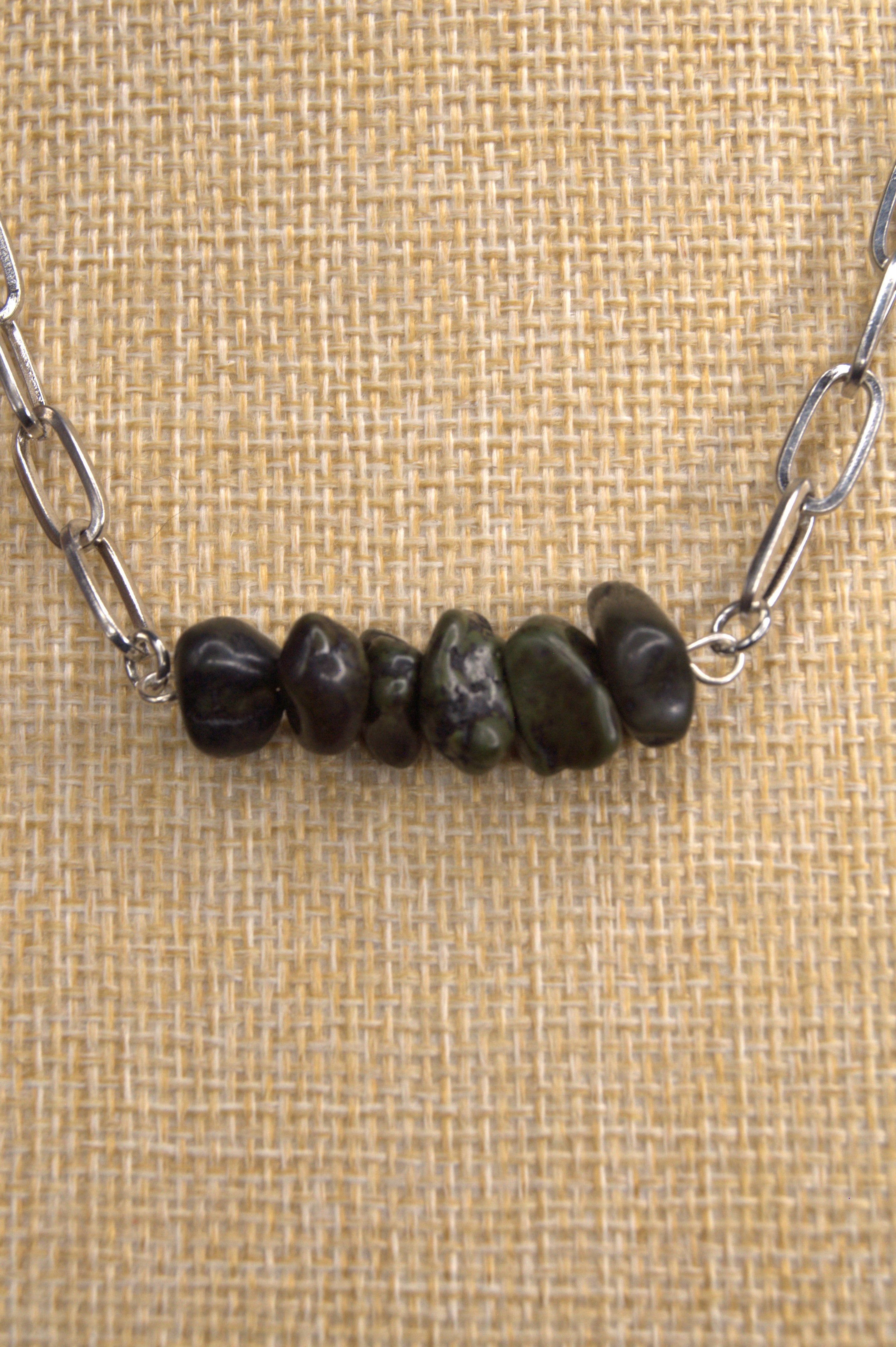 Annie Labradorite Larvikite Star-Cut Nugget Bar Necklace – 19½" | Silver Paperclip Chain, Lobster Clasp | Copper & Lace Handcrafted