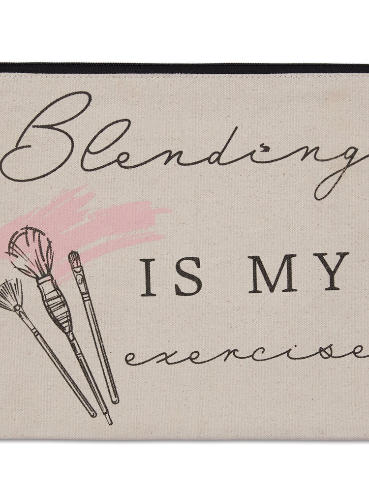 Beige pouch with 'Blending is my exercise' text and makeup brush illustrations on a white background