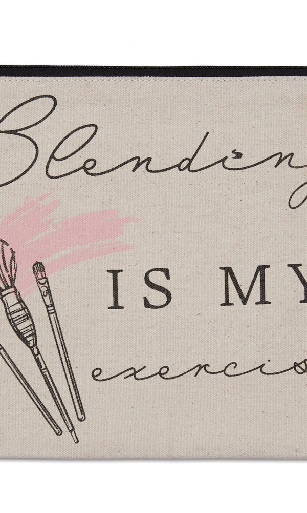 Beige pouch with 'Blending is my exercise' text and makeup brush illustrations on a white background