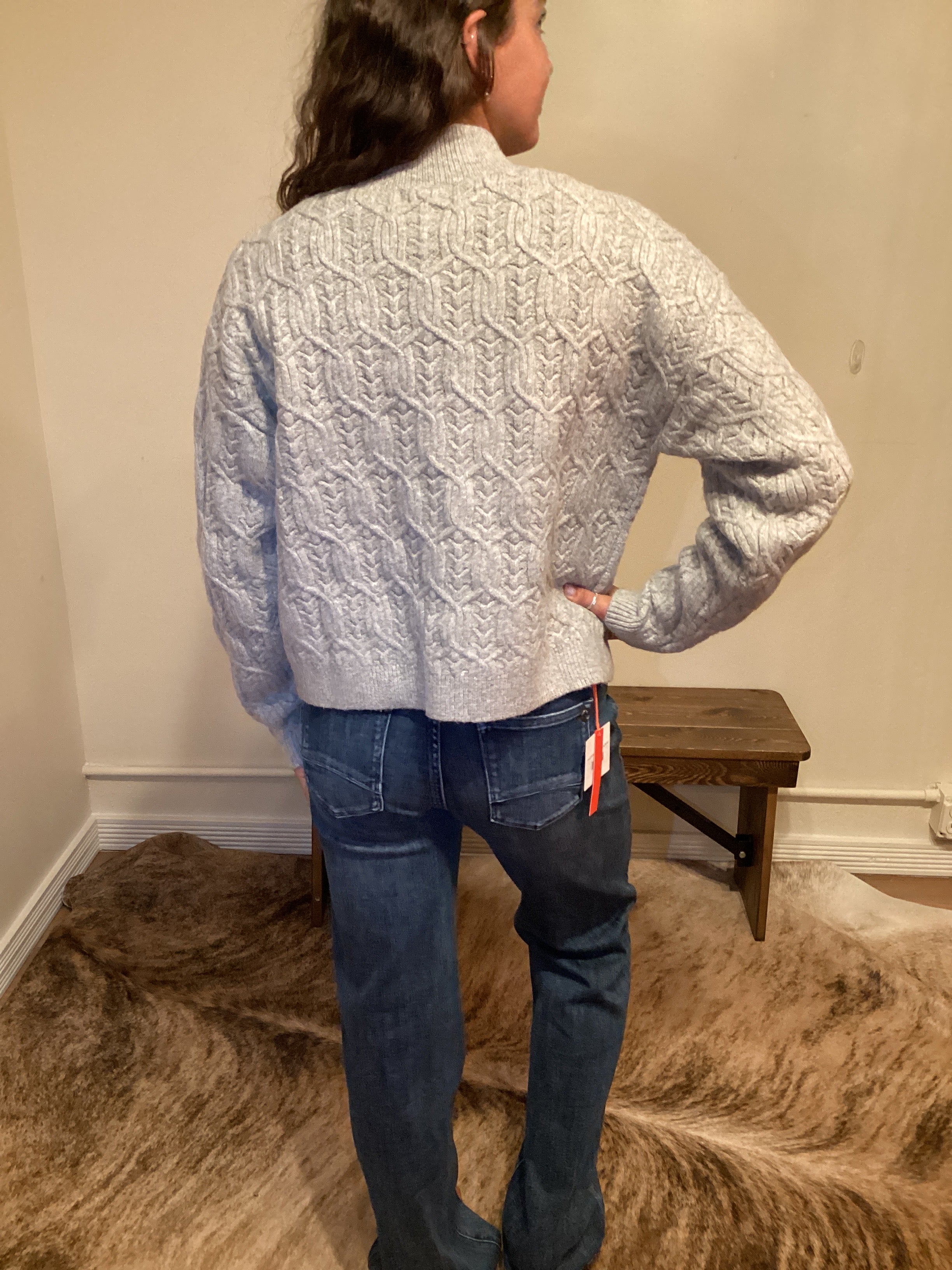 Person wearing a patterned sweater and jeans standing next to a large brown cat.