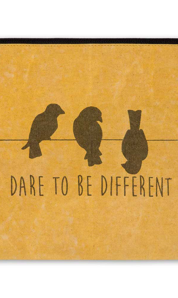 Pouch with birds on a wire design and 'Dare to Be Different' text in black on a mustard yellow background