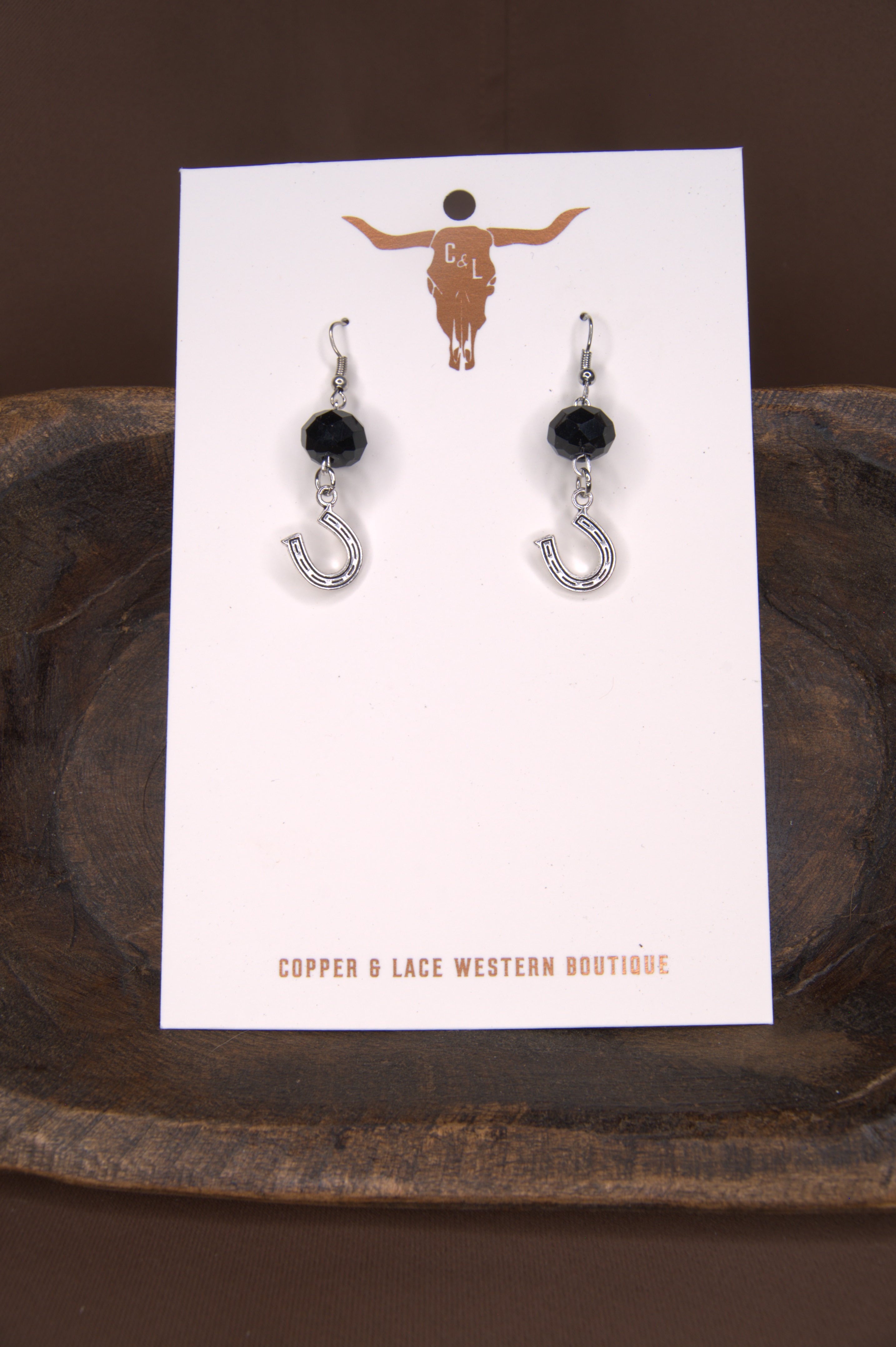 Silver | 12mm Black Crystal, Horseshoe Charm | Copper & Lace Handcrafted