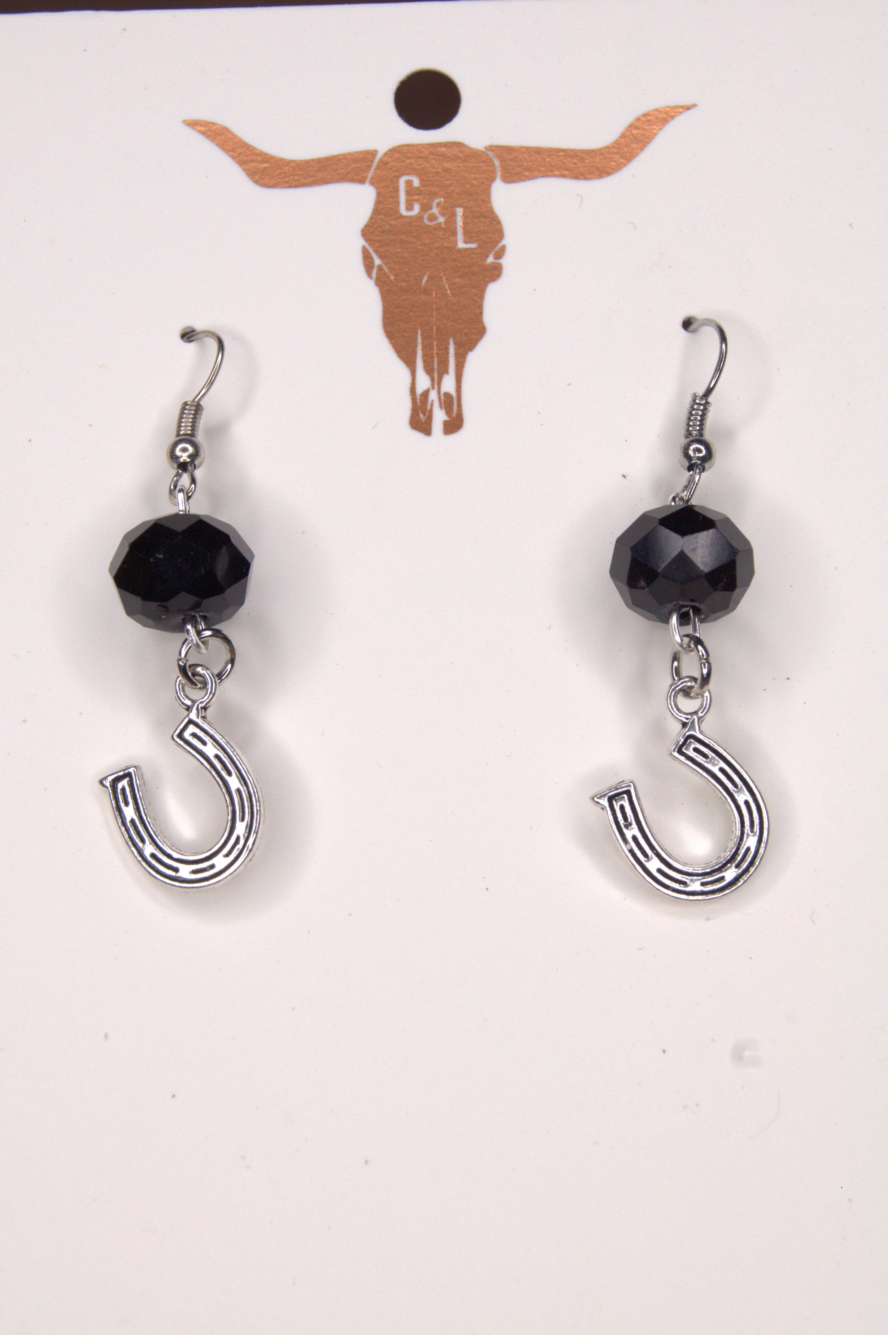 Silver | 12mm Black Crystal, Horseshoe Charm | Copper & Lace Handcrafted