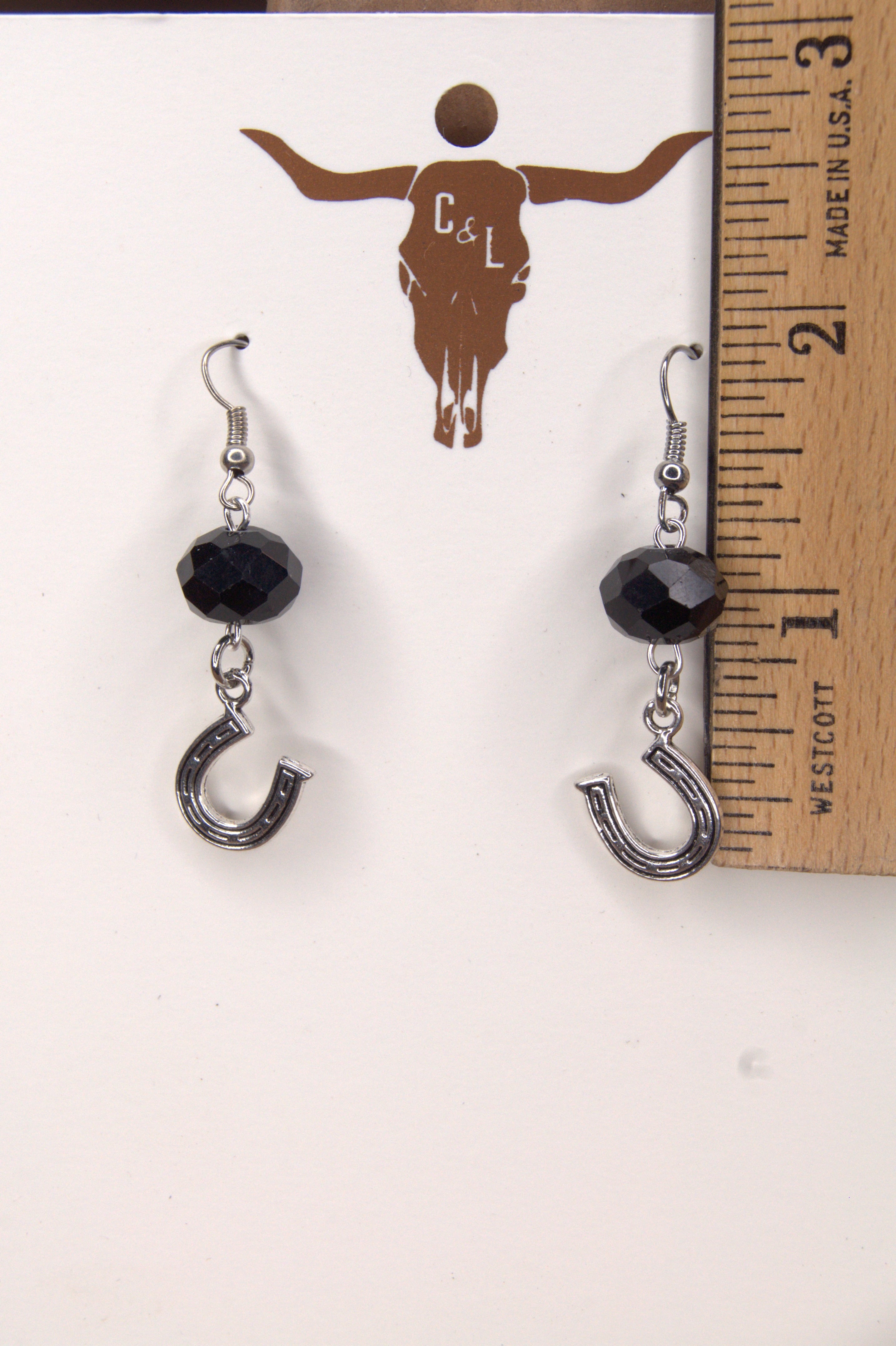 Silver | 12mm Black Crystal, Horseshoe Charm | Copper & Lace Handcrafted