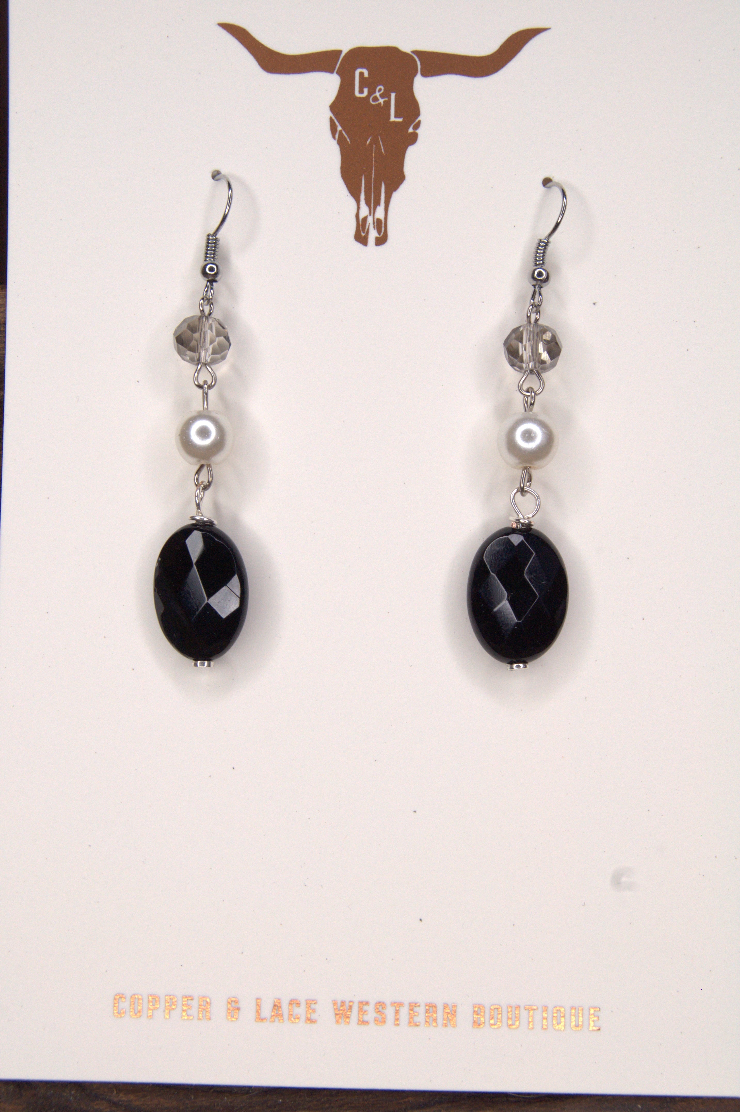 Crystal & Pearl Drop Earrings – Silver | 8mm Grey Crystal, 8mm Imitation White Pearl, Black Oval | Copper & Lace Handcrafted