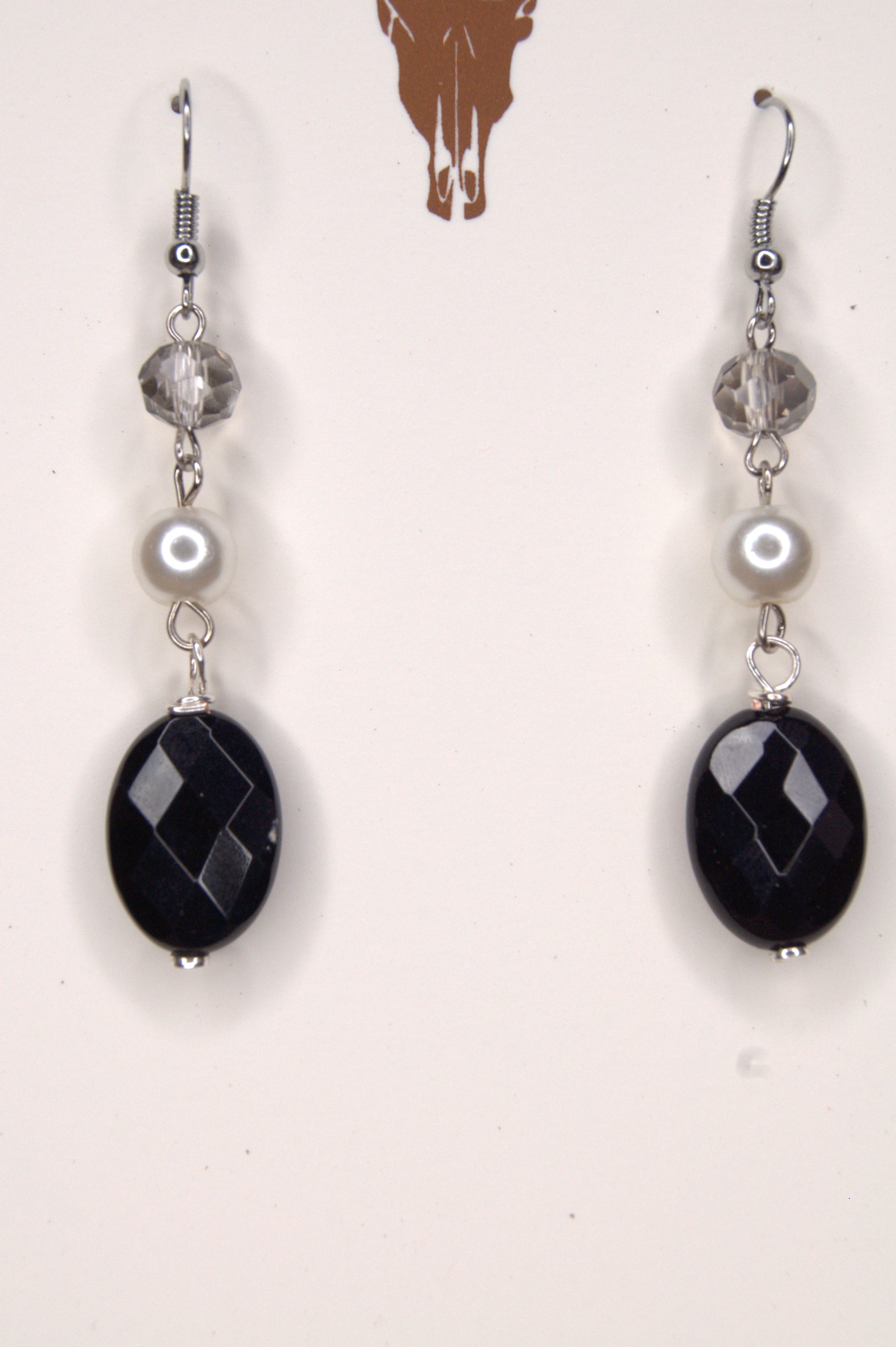 Crystal & Pearl Drop Earrings – Silver | 8mm Grey Crystal, 8mm Imitation White Pearl, Black Oval | Copper & Lace Handcrafted