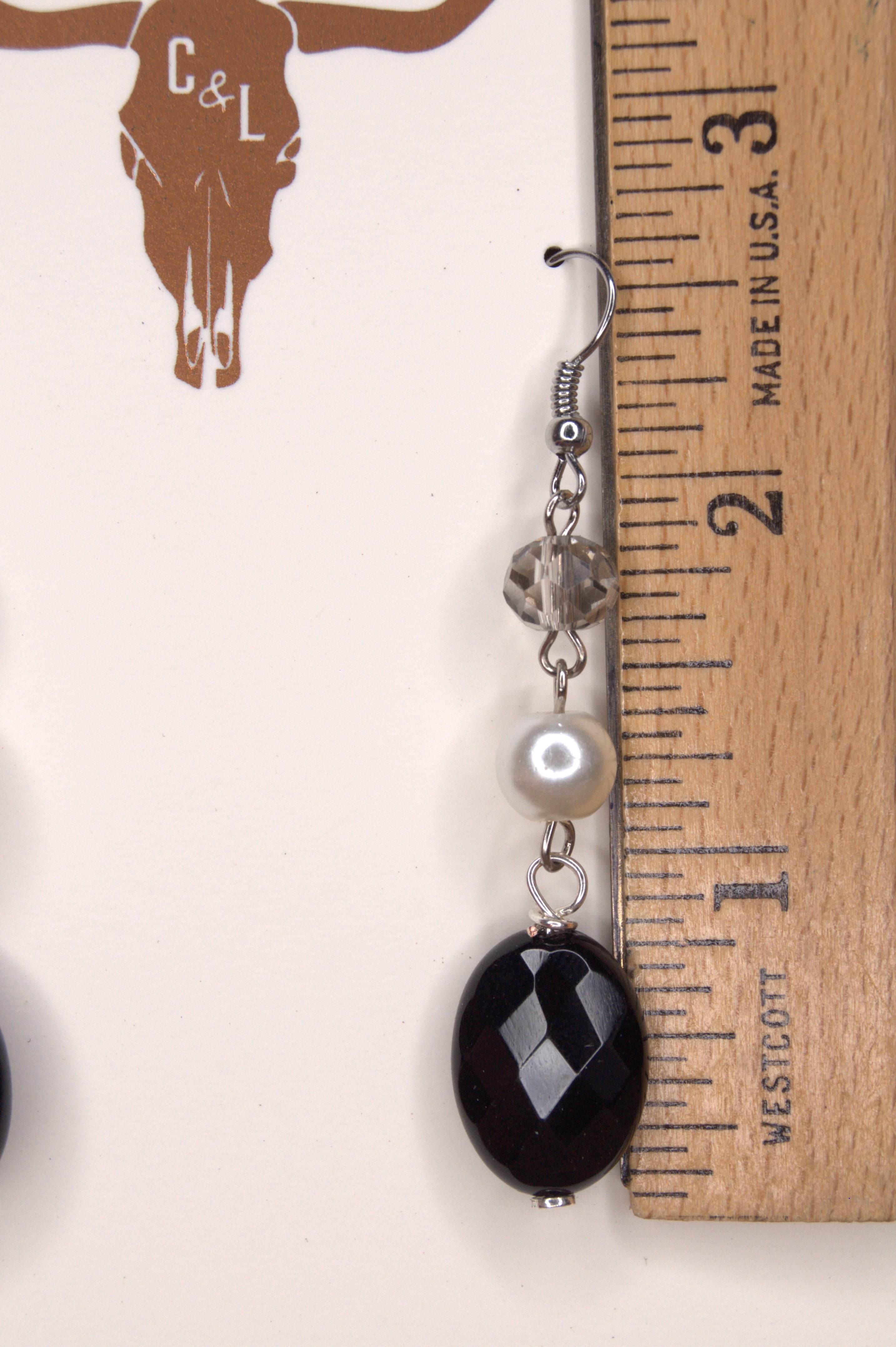 Crystal & Pearl Drop Earrings – Silver | 8mm Grey Crystal, 8mm Imitation White Pearl, Black Oval | Copper & Lace Handcrafted