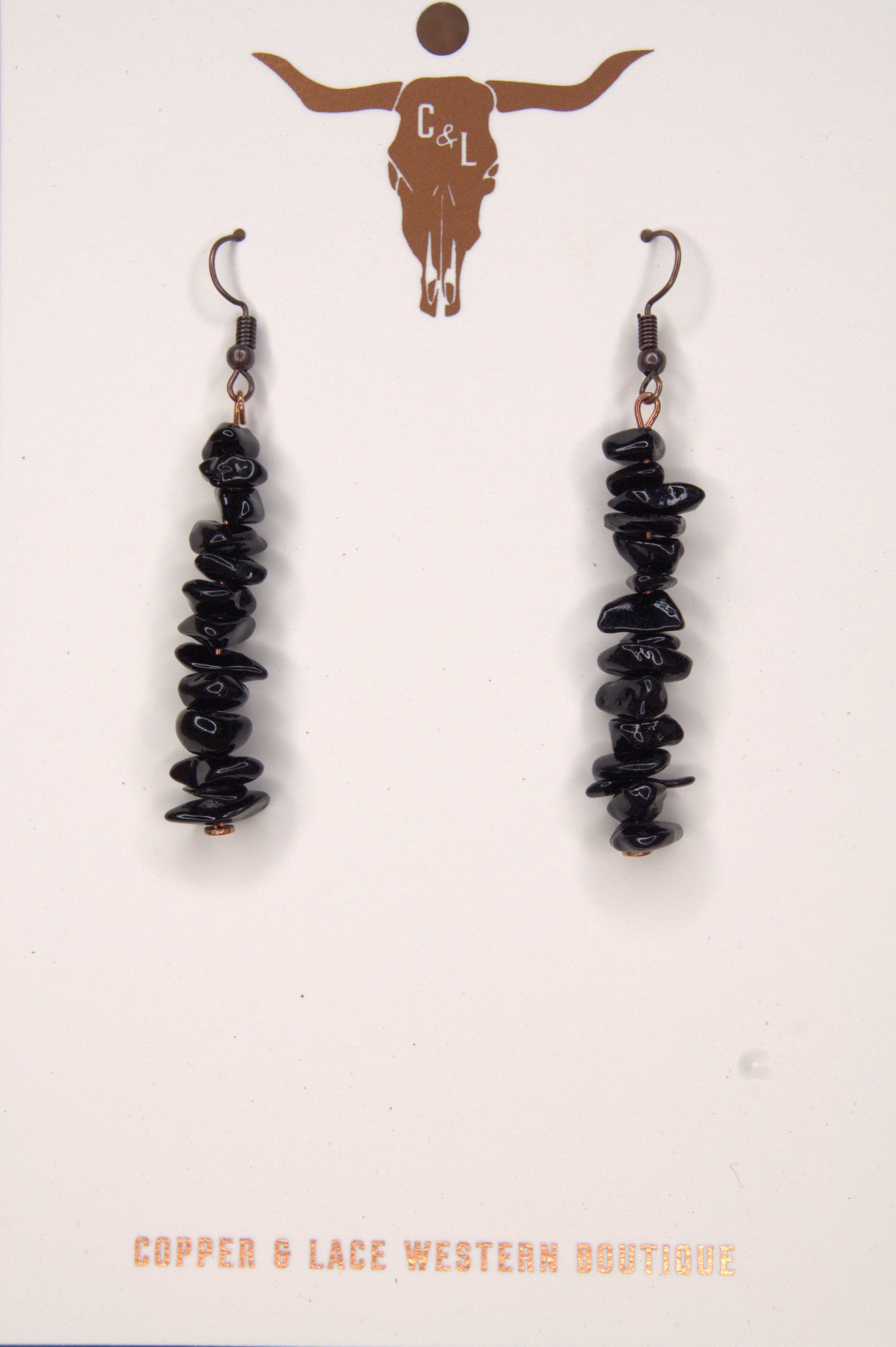 Dakota Black Onyx Chip Drop Earrings – Copper | 2½" Drop | Copper & Lace Handcrafted