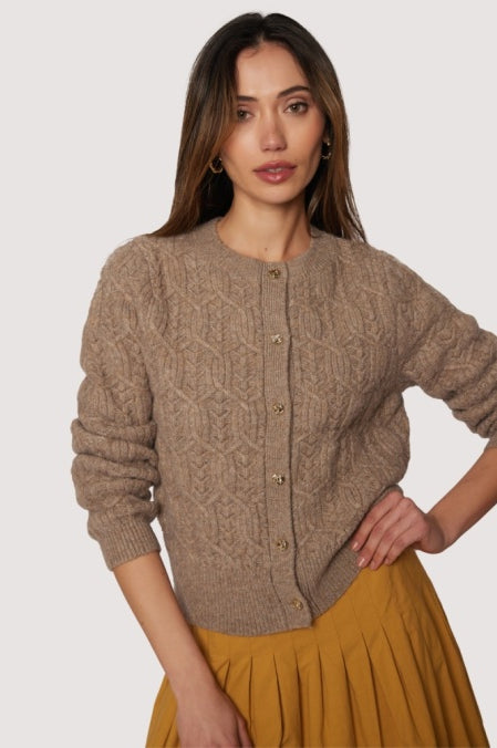 Georgina mocha brown cable-knit cardigan — crew neck, antique-gold buttons