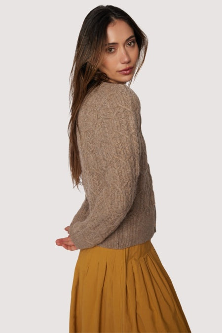 Georgina mocha brown cable-knit cardigan — crew neck, antique-gold buttons (front)”