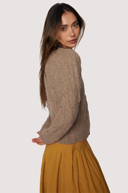 Georgina mocha brown cable-knit cardigan — crew neck, antique-gold buttons (front)”