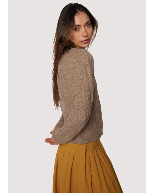 Georgina mocha brown cable-knit cardigan — crew neck, antique-gold buttons (front)”