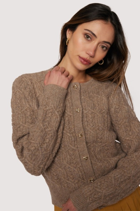 Georgina mocha brown cable-knit cardigan — crew neck, antique-gold buttons (front)”