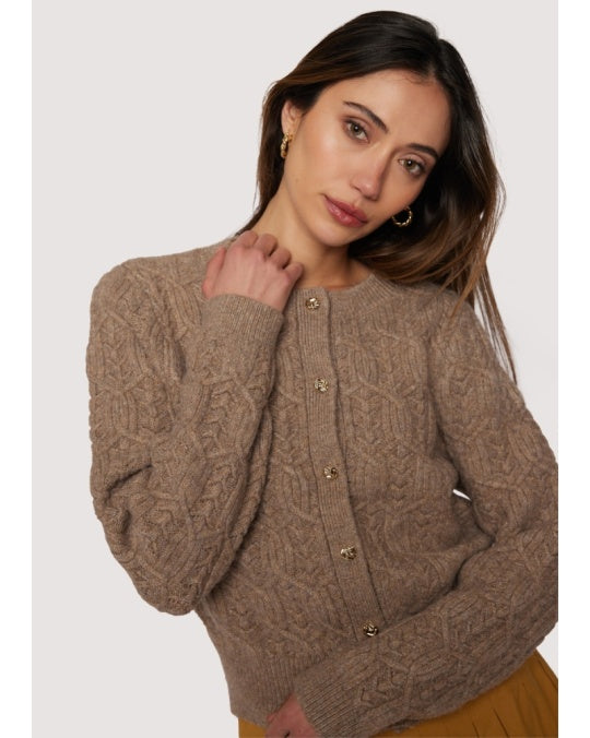 Georgina mocha brown cable-knit cardigan — crew neck, antique-gold buttons (front)”