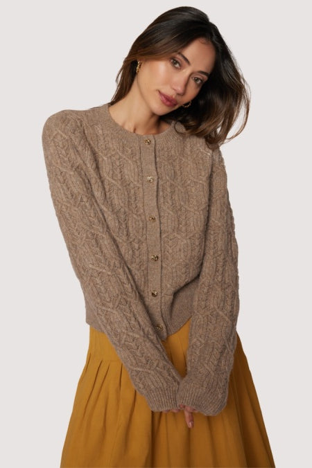 Georgina mocha brown cable-knit cardigan — crew neck, antique-gold buttons (front)”