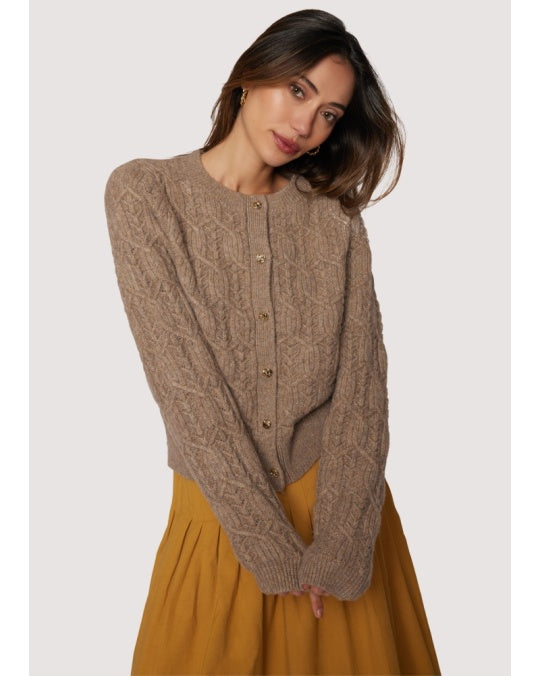 Georgina mocha brown cable-knit cardigan — crew neck, antique-gold buttons (front)”