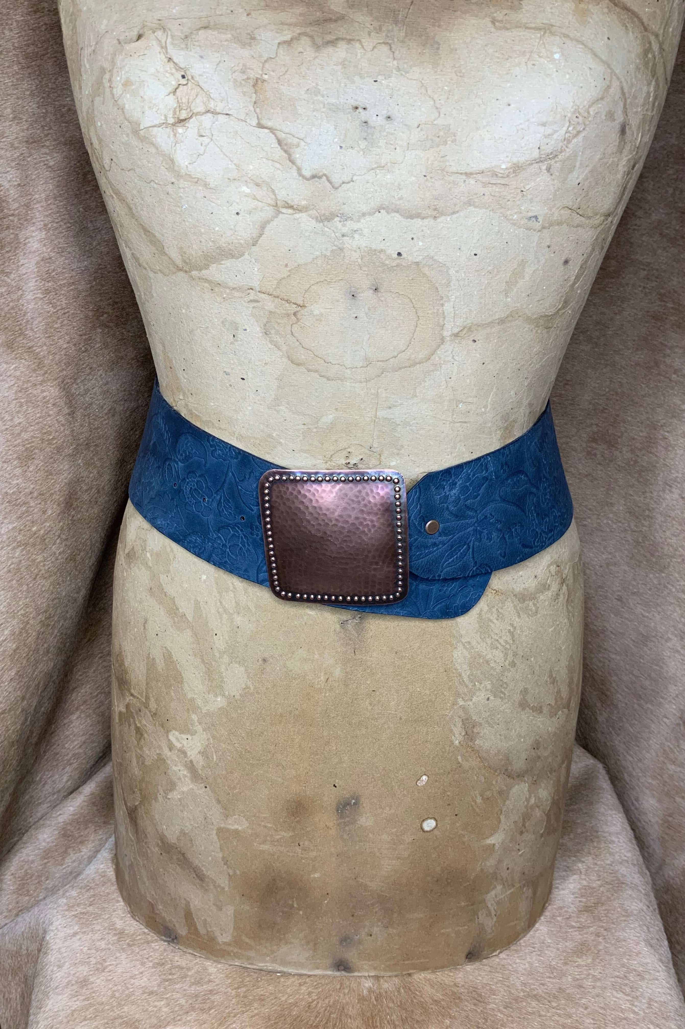 Navy Floral embossed leather 3" wide belt with hammered copper buckle
