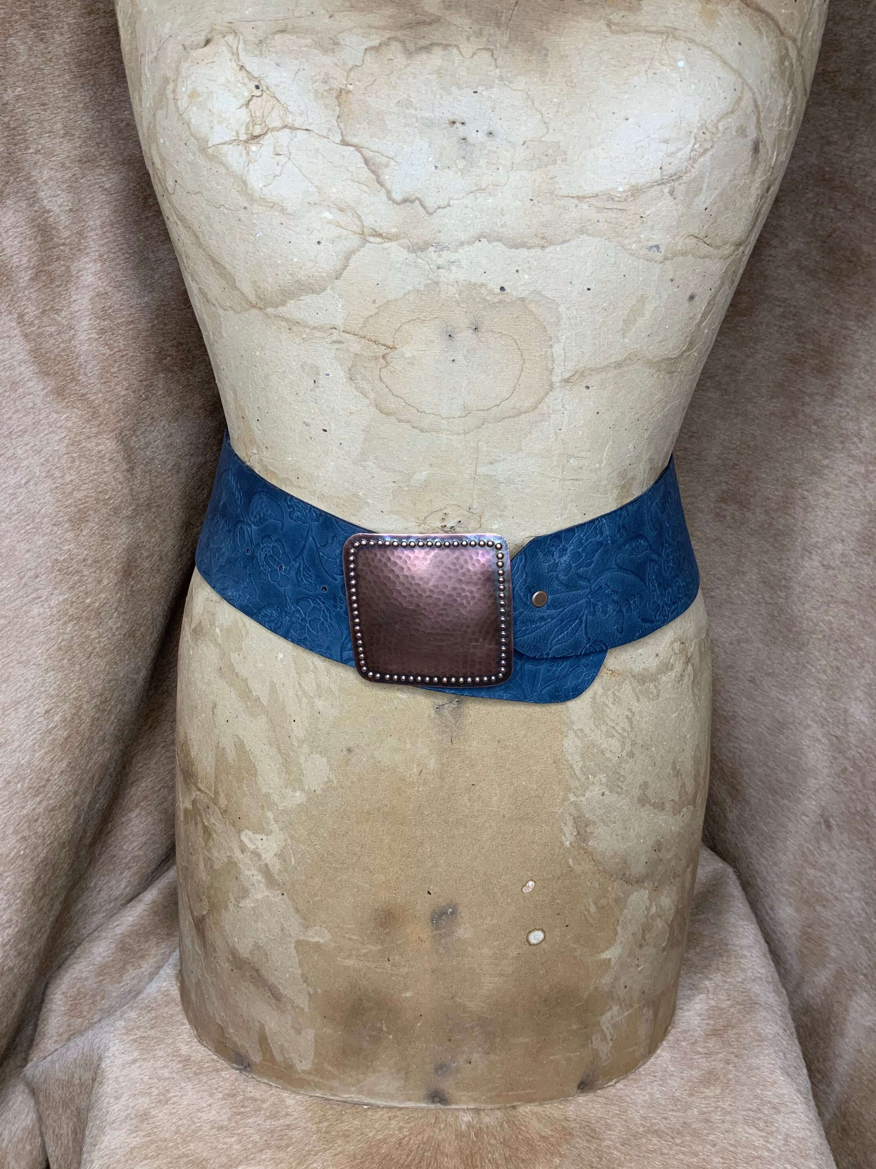 Navy Floral embossed leather 3" wide belt with hammered copper buckle