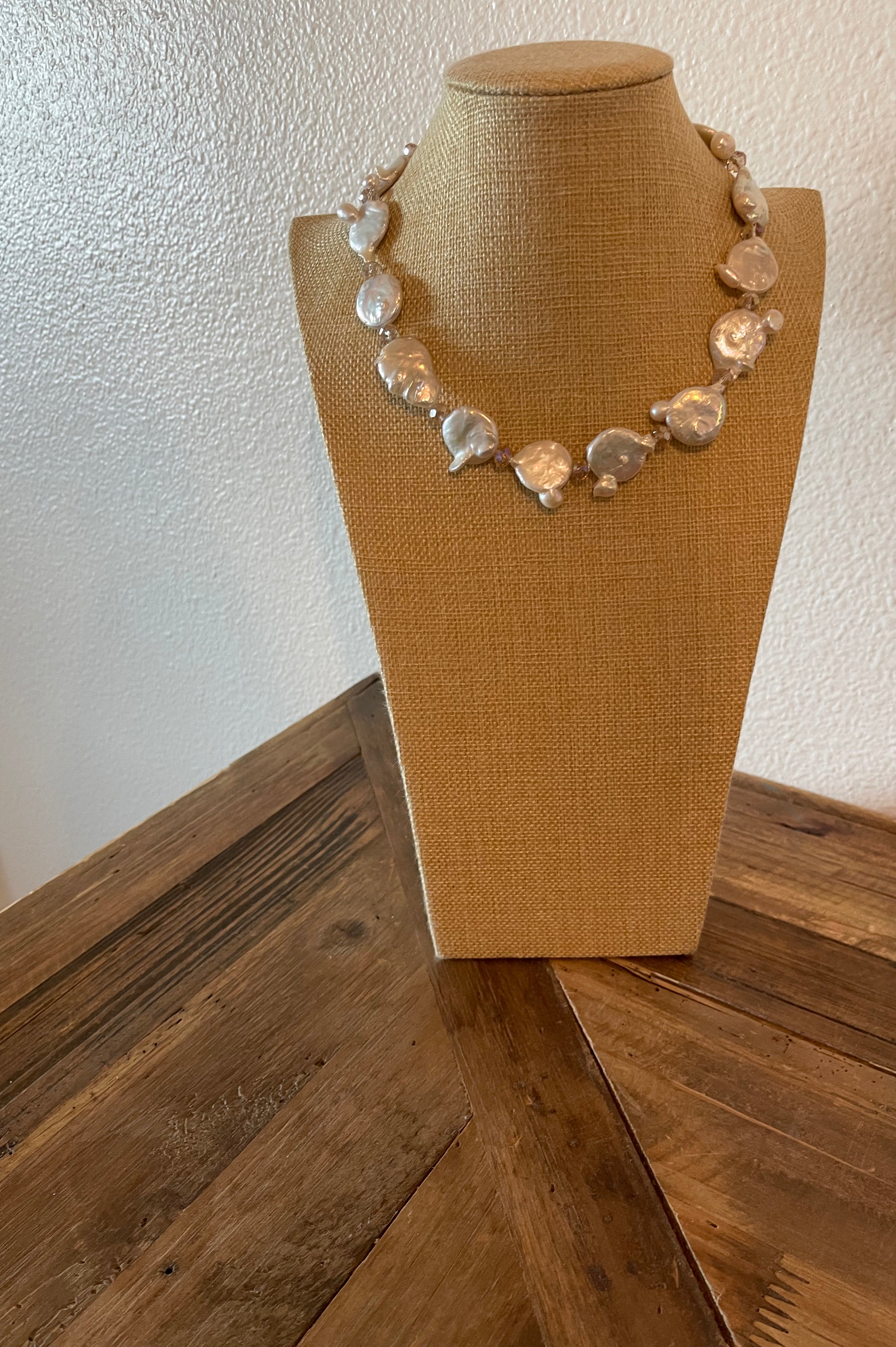 Large irregular coin pearls and champange 8mm glass crystals