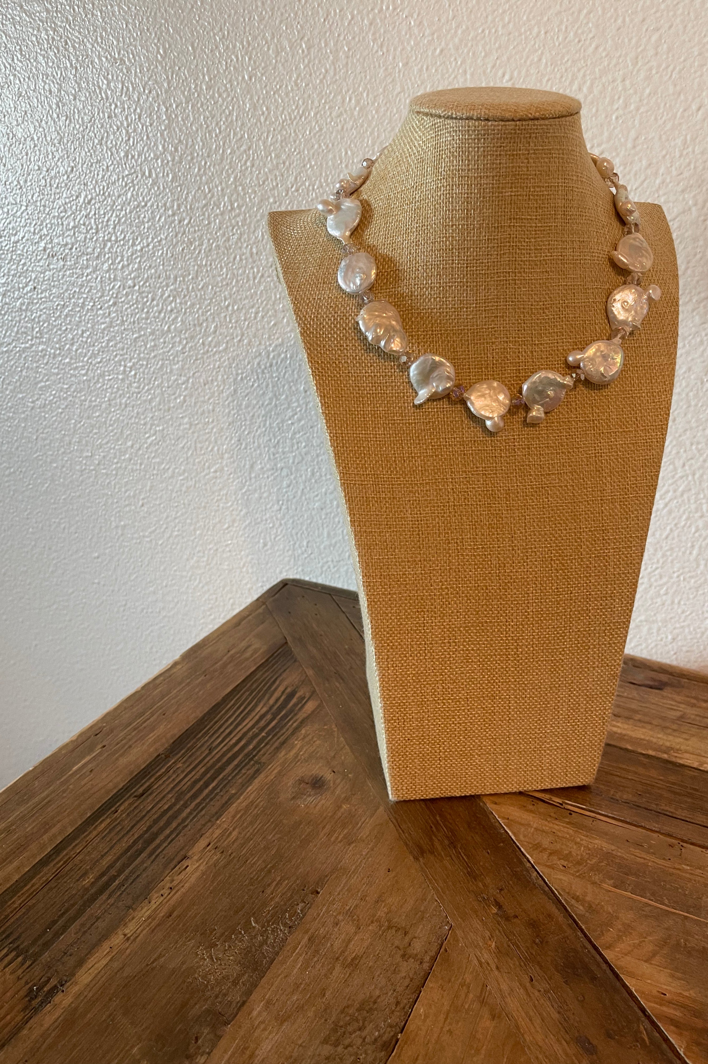 Large irregular coin pearls and champange 8mm glass crystals