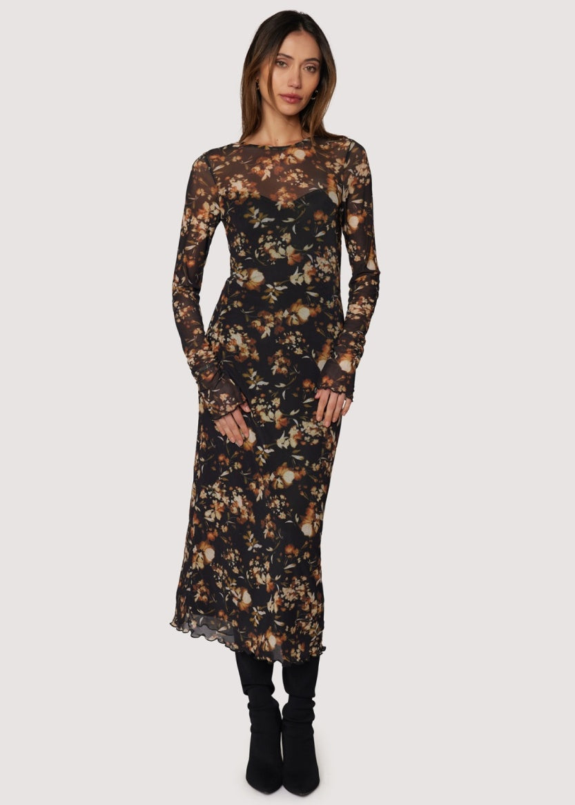 Woman wearing a floral dress on a white background