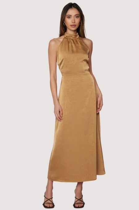 Starlit canopy maxi dress halter top to dress back slit in Brassy Gold