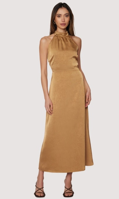 Starlit canopy maxi dress halter top to dress back slit in Brassy Gold