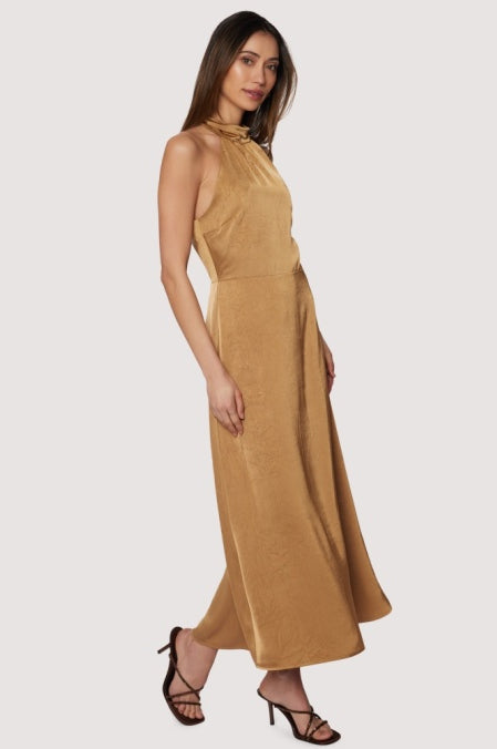 Starlit canopy maxi dress halter top to dress back slit in Brassy Gold