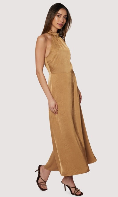 Starlit canopy maxi dress halter top to dress back slit in Brassy Gold