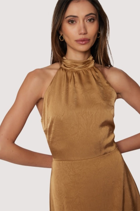 Starlit canopy maxi dress halter top to dress back slit in Brassy Gold