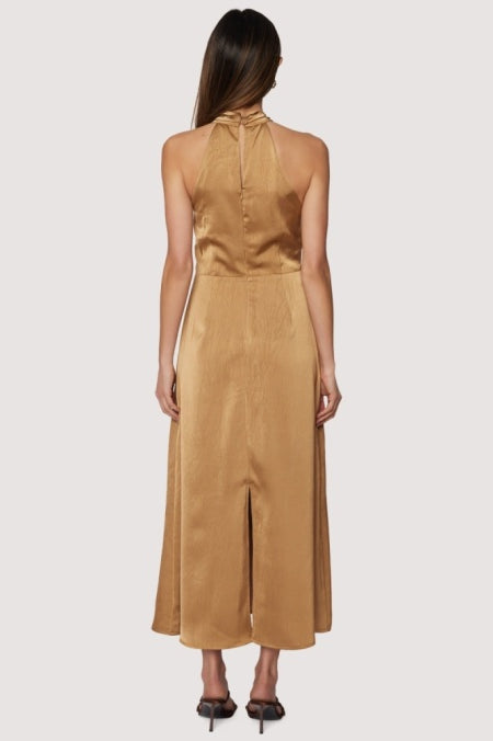back view Starlit canopy maxi dress halter top to dress back slit in Brassy Gold