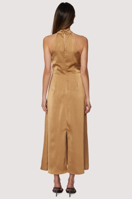 back view Starlit canopy maxi dress halter top to dress back slit in Brassy Gold