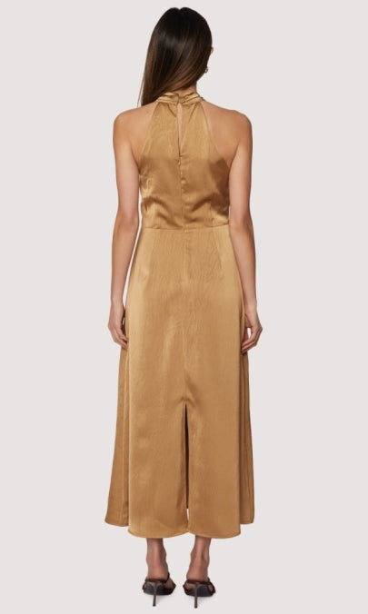 back view Starlit canopy maxi dress halter top to dress back slit in Brassy Gold