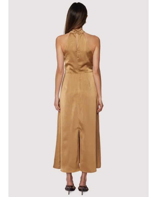 back view Starlit canopy maxi dress halter top to dress back slit in Brassy Gold