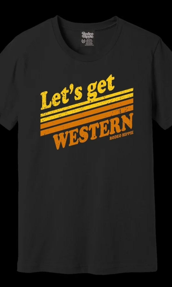 A black short-sleeve t-shirt with a distressed retro graphic on the chest that reads 'Let's get WESTERN' in yellow and orange text with horizontal stripes, shown against a solid black background.