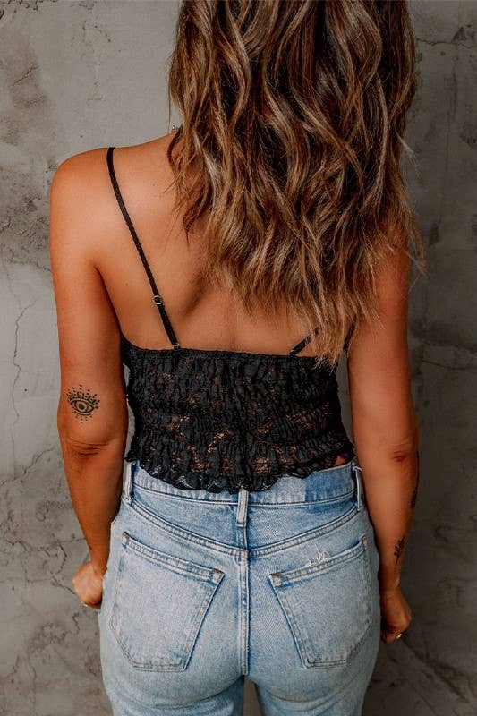 Back of A woman wearing a black V-Neck tank top bralette with floral lace mesh crop camisole.