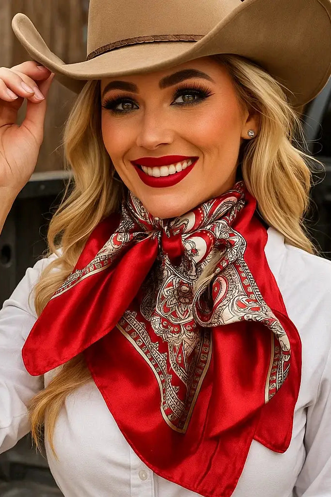 Woman wearing a cowboy hat and red scarf with a blurred background
