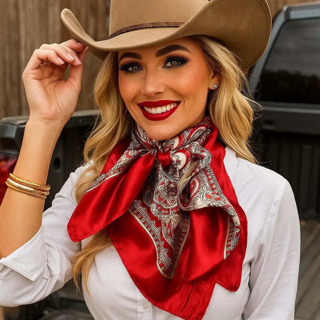 Woman wearing a cowboy hat and red scarf with a blurred background