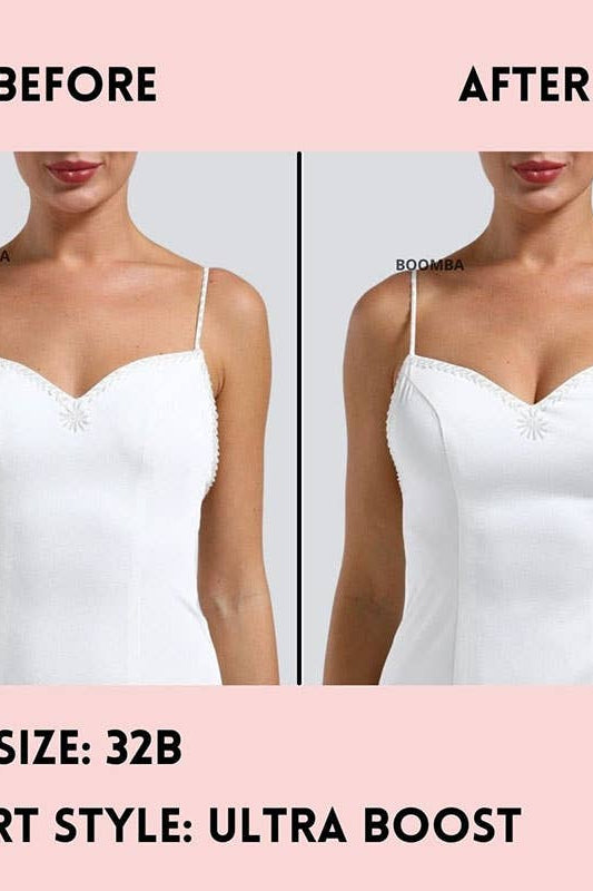 Before and after comparison of a white bra with BOOMba Ultra Boost insert on a plain background.